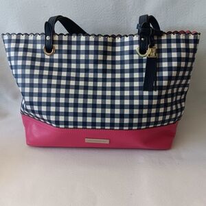Liz Claiborne Blue and Pink Checkered Tote Bag